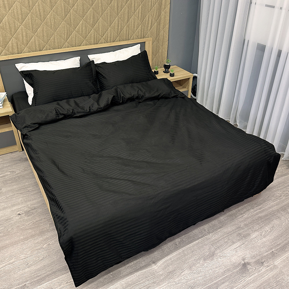 Комплект постільної білизни Страйп-сатин Полуторний 150х220 з простирадлом на резинці Чорний (88-205) Київ - фото 2