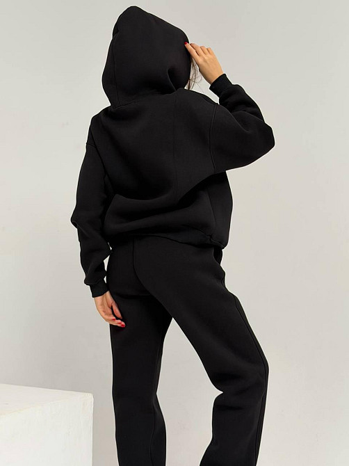 Жіночий стильний спортивний костюм-двійка: худі + штани, тринитка Пен'є на флісі турція Чорний, 46/48 Одеса - фото 5