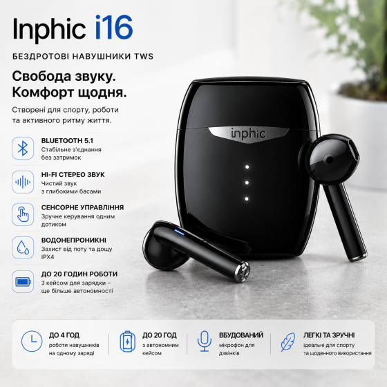 Бездротові навушники TWS Inphic i16 Black водонепроникні Bluetooth 5.1 Hi-Fi стерео сенсорні для спорту та телефону Київ