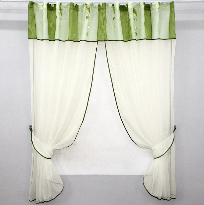 Кухонні штори VR-Textil № 084к з ламбрекеном і підв'язками молочний з салатовим 280х170 см (59-750) Київ - фото 1