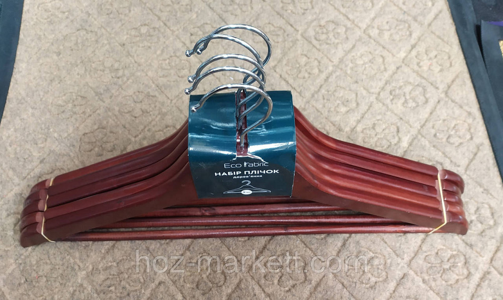 Вішалки плічка для одягу дерев'яні темні лаковані 5 шт. у пап із хромованим поворотним гачком Харків - фото 2