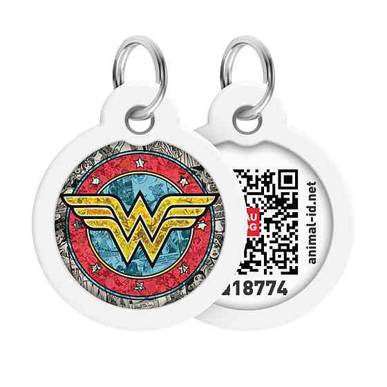 Адресник для собак і котів металевий WAUDOG Smart ID з QR паспортом, малюнок "Чудо-жінка 2", коло, Д 30 мм Київ