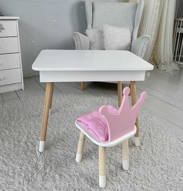Столик з відкидним верхом 54х60х45 і стільчик корона 26х26х24, стіл та стілець для дітей від 1 року, білий з рожевим Київ - фото 1