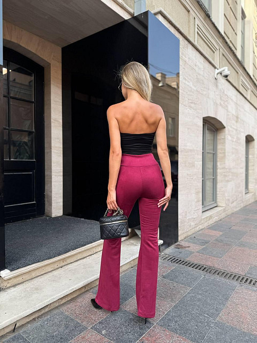 Жіночі базові штани кльош на високій посадці замш на дайвінгу Бургунді, 42 Одеса - фото 4