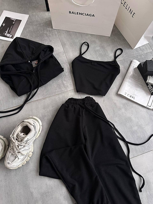 Женский повседневный костюм тройка: кофта топ и штаны двунить 46/48, Черный Одесса - изображение 5