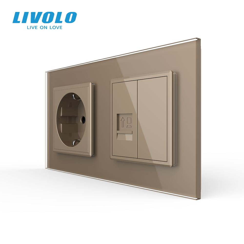 LIVOLO Розетка двомісна комбінована Силова Інтернет Livolo золото скло (VL-C7C1EUK01C-13) Коломия - фото 1