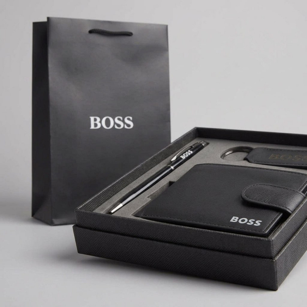 Мужской подарочный комплект, кошелек с брелоком и ручкой Boss (7704-3) Киев - изображение 5