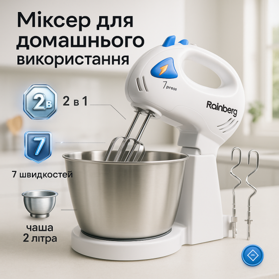 Стаціонарний електричний міксер із чашею Rainberg RB-1006 500W з насадками для замішування тіста Blue NO-37 Львів