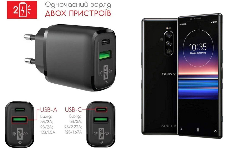 Сетевое зарядное устройство для Sony Xperia 1 J9110, 20W 3A, Quick Charge 3.0 Киев - изображение 1
