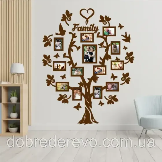 Семейное дерево сердце на 13 фото рамок, Родовое дерево wooden heart Вижница