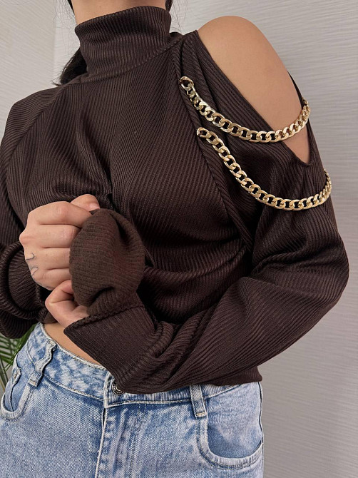 Стильний жіночий під горло светр із ланцюжком щільна ангора рубчик на фліс Шоколад, 42/46 Одеса - фото 1