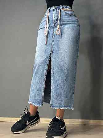 Женская юбка джинсовая Vanver 2032 длинная прямая с разрезом и поясом стрейчевая голубая, голубой, 29, 29, 78 см, 102 см Киев