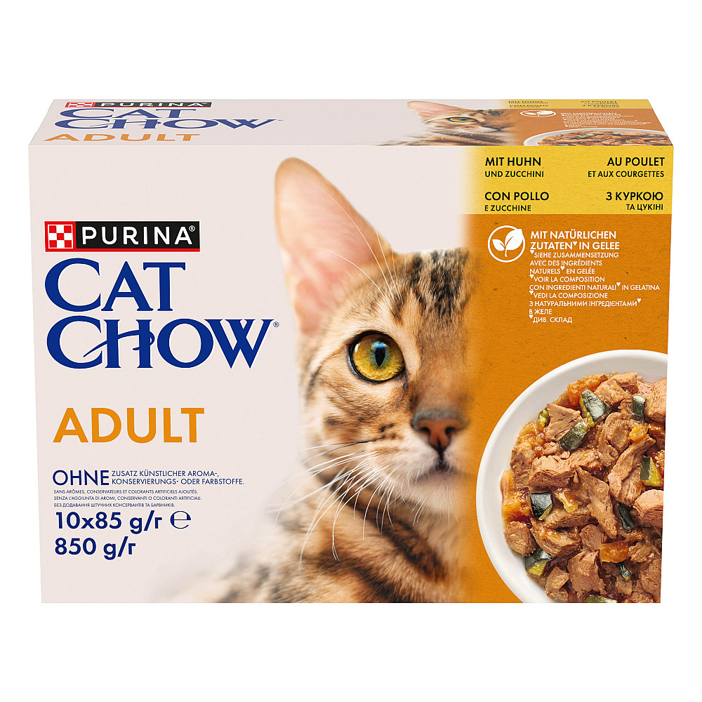 Вологий корм CAT CHOW Adult для дорослих котів, шматочки в желе, з куркою та цукіні, 10x85 г Київ - фото 1