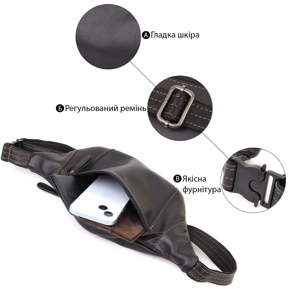 Мужская сумка-бананка из натуральной гладкой кожи Shvigel 23125 Черный Киев - изображение 4