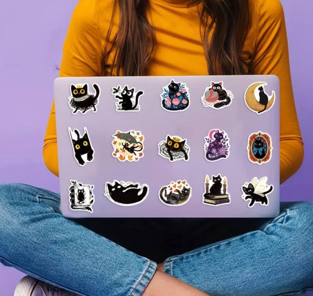 Набор наклеек черные коты 50 шт виниловые водостойкие стикеры aesthetic kawaii для ноутбука телефона Киев - изображение 6