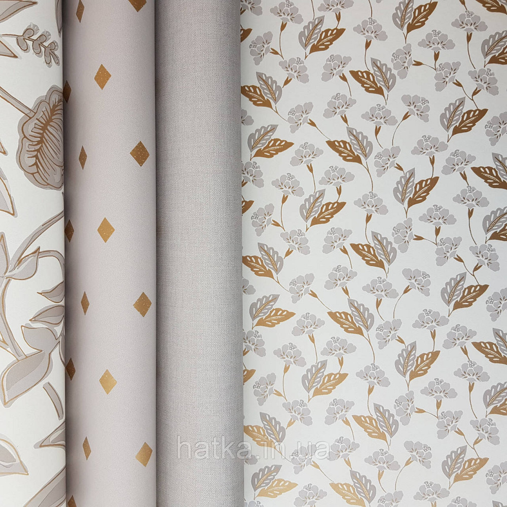 Шпалери вінілові на флізелін Caselio Mystery 0.53х10 м маленькі яскраві квіти листя сірі золотисті на білому Київ - фото 2