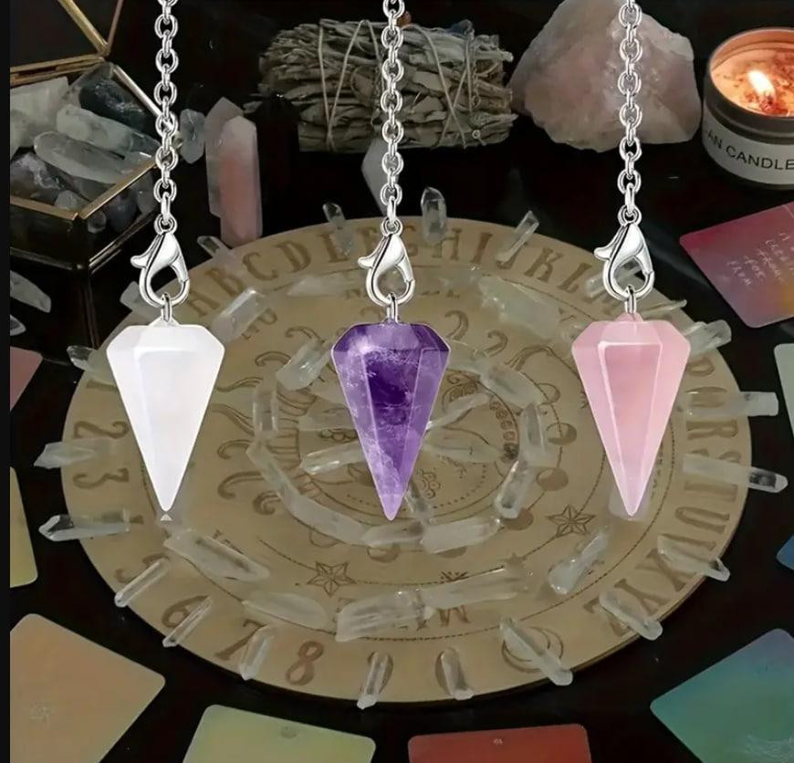 Набор биолокационных маятников (натуральный аметист, розовый кварц, чистый кварц) - 2.5 см на цепочк Киев - изображение 2