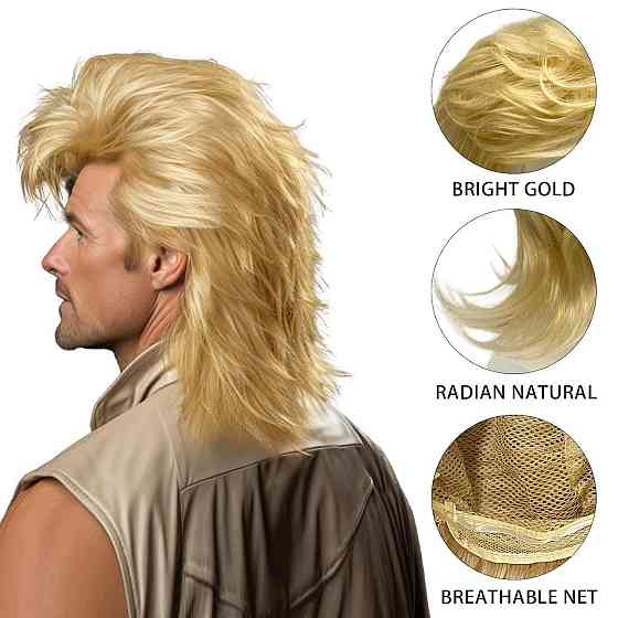 Чоловіча перука ретро mullet світло-руса хвиляста у стилі 80-х, термостійка, для косплею, тематичних Київ