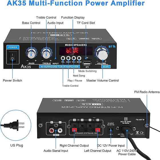 Цифровой стереоусилитель Hi-Fi AK35 2-канальный Bluetooth USB FM AUX Днепр