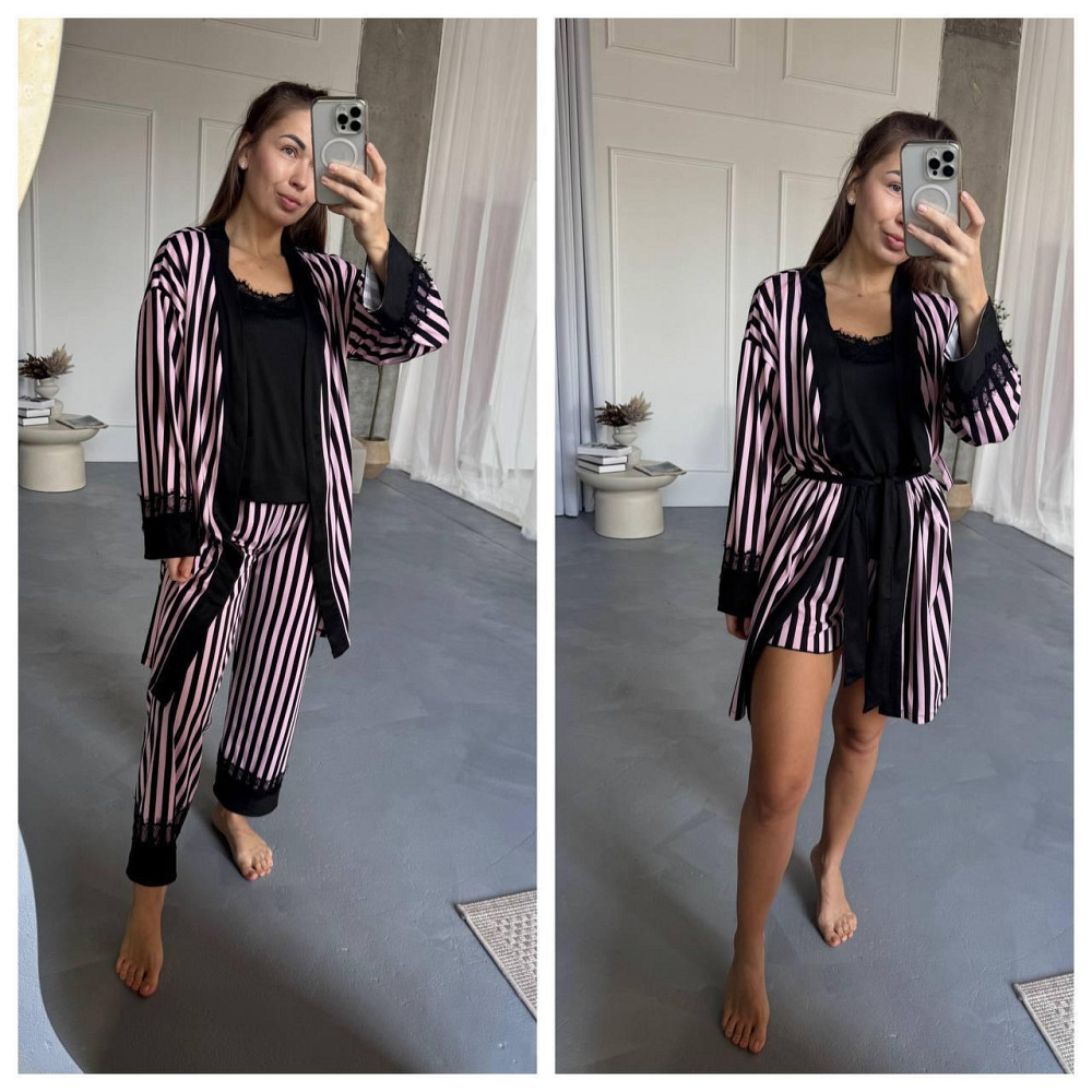 Жіночий домашній комплект: штани + майка + шорти + халат котон Рожевий, 46/48 Одеса - фото 1