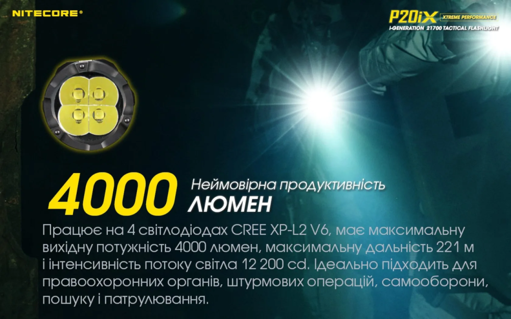 Фонарь ручной Nitecore P20iX Cree XP-L2 V6 4000 лм 1х21700 USB (7 режимов) Винница - изображение 11