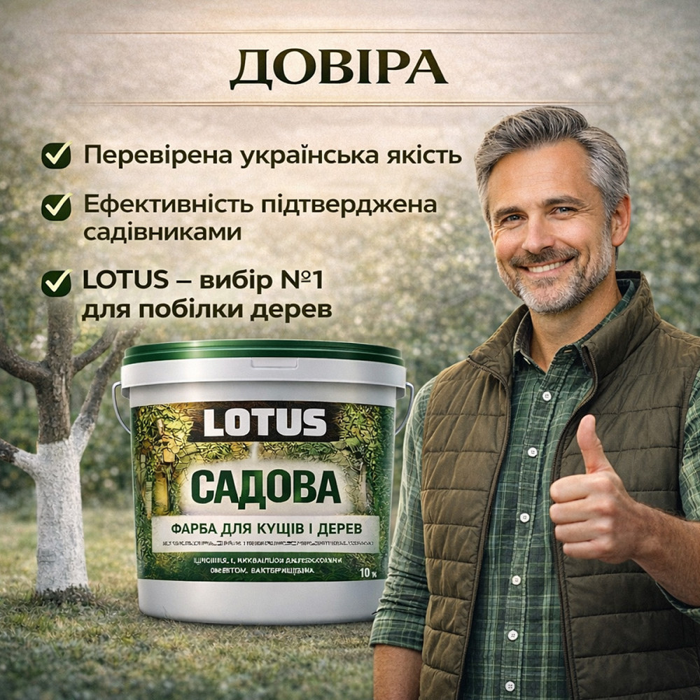 Фарба садова для дерев LOTUS 5 л білосніжна бактерицидна для побілки саду та кущів, захист кори від сонця та шкідників Харків - фото 8