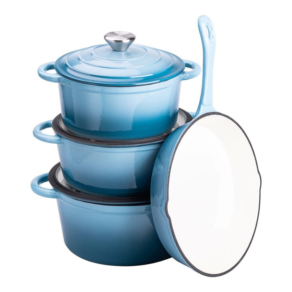 Набір чавунного посуду для приготування 3 каструлі та сковорода з емальованим покриттям Блакитний HP-1-7 Київ - фото 2