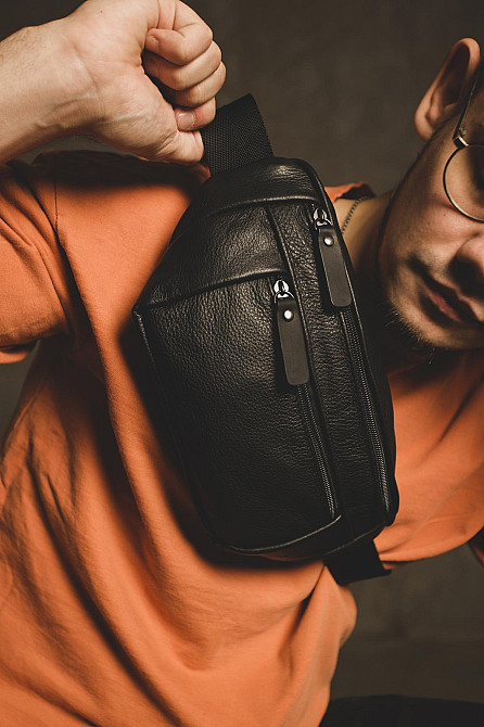 Чоловіча сумка-бананка на пояс з натуральної шкіри SL007 (Чорна) Суми - фото 1