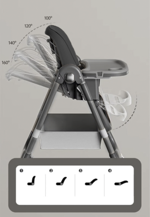 Детский стульчик для кормления с подставкой для ножек стул с регулируемой спинкой и столешницей серо-черный Киев