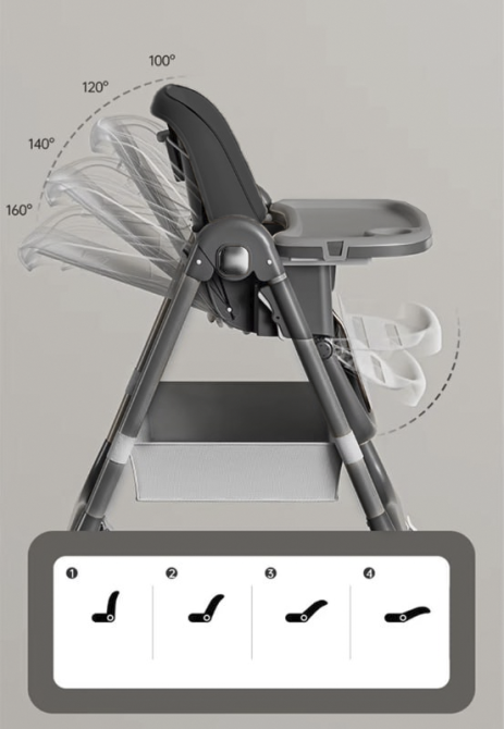Дитячий стільчик для годування з підставкою для ніжок стілець з регульованою спинкою та стільницею дитяче крісло сіро-чорне Київ - фото 2