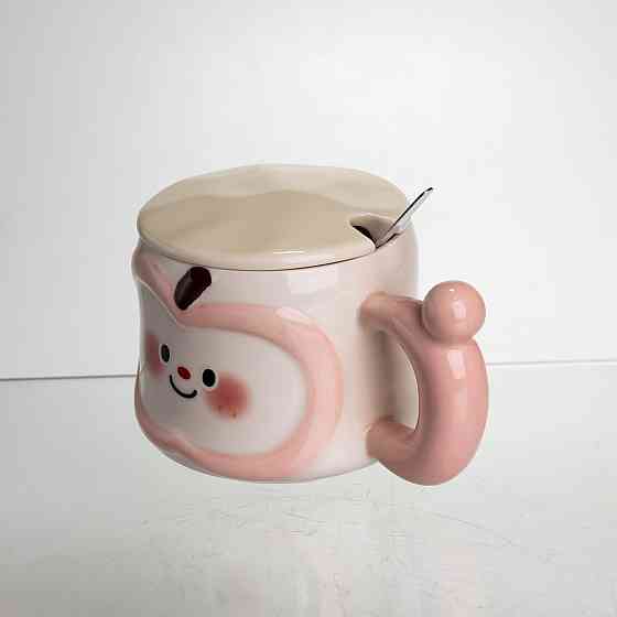 Фарфоровая чашка с крышкой и ложкой, розовая 400 мл Киев