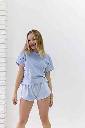 Піжама жіноча футболка+ шорти з плюшевого велюру Блакитний XL Харків