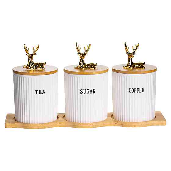 Набір порцелянових банок для сипучіх на бамбуковій підставці 3 шт. по 400 мл для чаю кави цукру SCT-652 Київ