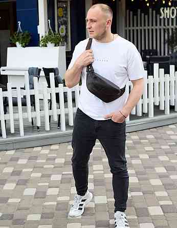 Чоловічий шкіряний рюкзак нагрудний для телефону 14х29х8, сумка бананка для міста та відпочинку 70101 чорна Київ