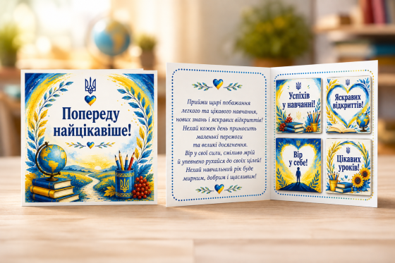Вітальна листівка "З початком навчального року!" з міні шоколадом | Подарунок для школяра Одеса