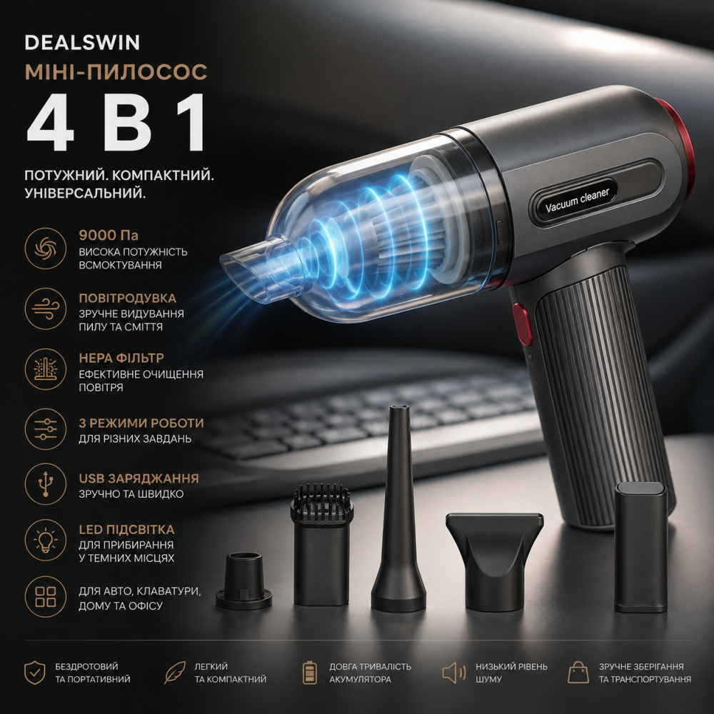 Уцінка Міні-пилосос Dealswin 4 в 1 бездротовий 9000 Па | Повітродувка, USB, HEPA, LED, 3 режими, для авто та клавіатури Київ - фото 8
