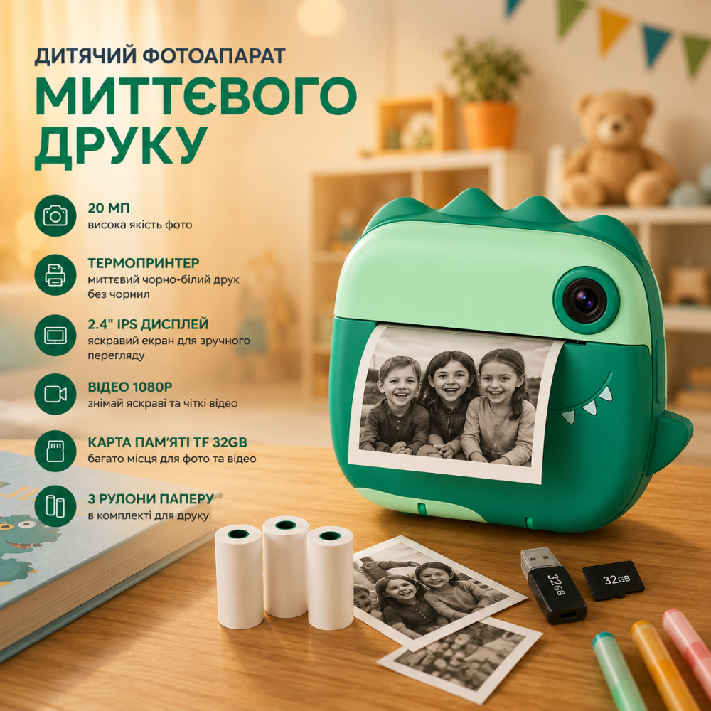 Детский фотоаппарат моментальной печати 20 МП с термопринтером, 2.4
