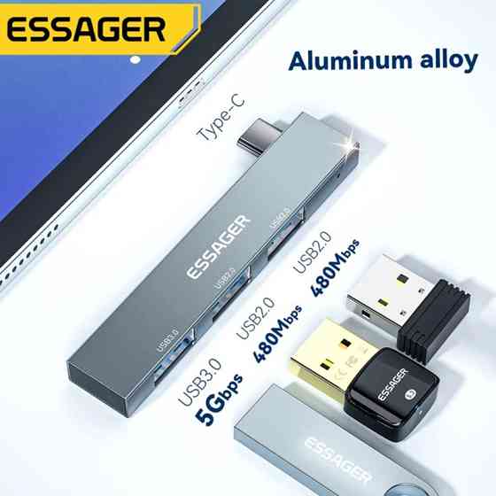 Хаб Essager EHBC03-FY0G-P Type-C 3в1 (Сірий) Николаев