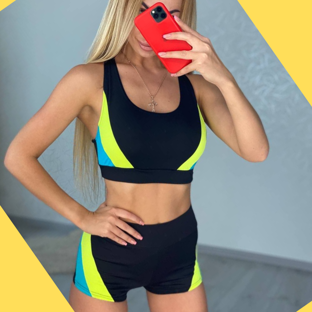 Жіночий костюм комплект пол денс одяг шорти з футболкою топ для pole dance fitness жовтий і блакитний Одеса - фото 1
