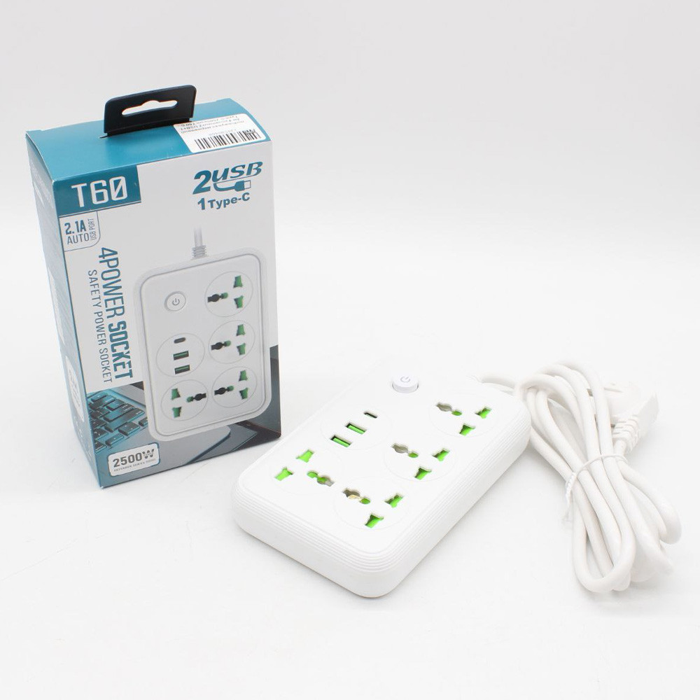 Мережевий фільтр 2м,2500Вт (4х220В+2хUSB+1хType-C),T60 SBR Київ - фото 8