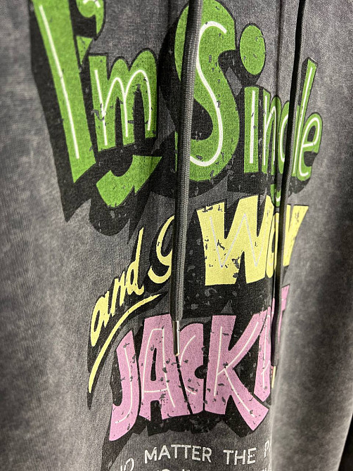 Худи женский A-N 25040 удлиненный оверсайз с капюшоном вареный дай цветная надпись впереди one size, графит, one size Киев - изображение 12