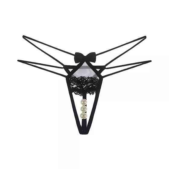 Трусики з вирізом та перлами чорно-білі - розмір універсальний, резинка до 92см Київ
