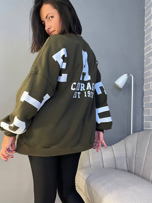 Свитшот женский DAVRAS 6000 оверсайз удлиненный надпись на спине PLEASED утепленный на флисе one size, зеленый, one size Киев - изображение 11