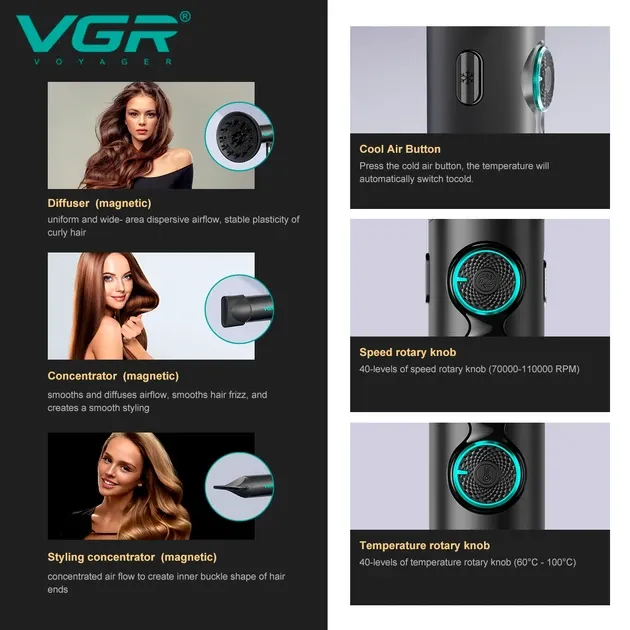 Професійний фен VGR V-401 Black: 1900W, 110k об/хв, 40 режимів обдування / 40 температур, 3 насадки Одеса - фото 10