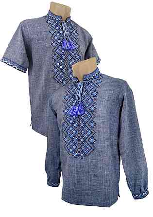 Молодіжна чоловіча вишиванка на довгий і короткий рукав синього кольору. Київ