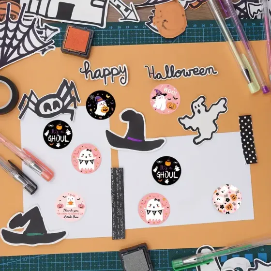 Набор стикеров для Хэллоуина 500 шт – розовые наклейки «BOO», 8 уникальных дизайнов Киев