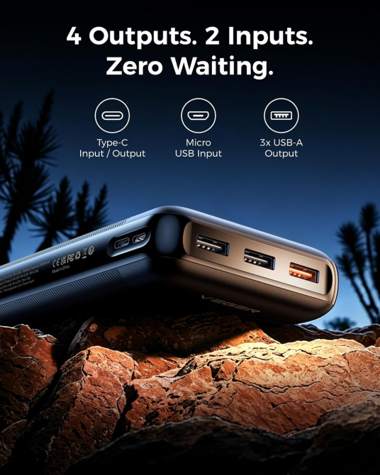 Павербанк VEGER V3008/L30 30000 мАг 20 Вт PD QC 3.0, 4 виходи, USB-C, цифровий дисплей, швидка зарядка, чорний Київ - фото 3