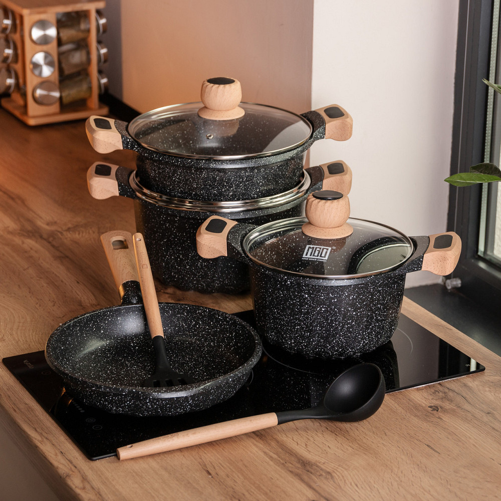 Набор посуды,3 кастрюли,с толстодонной алюминиевой лопаткой и половником MGC,черный HP-4-401B SBR Киев - изображение 12