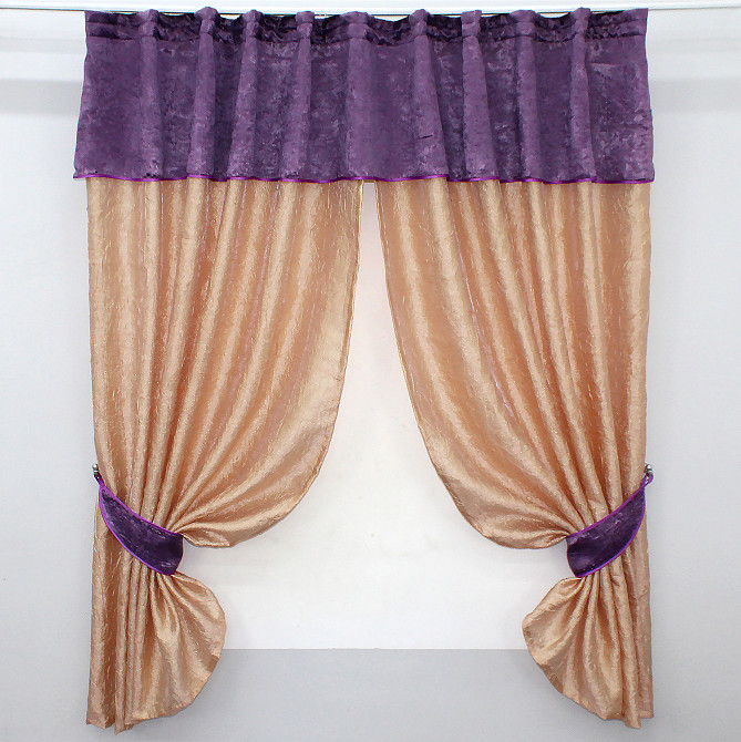 Кухонные шторы VR-Textil № 073к с ламбрекеном и подхватами персиковый с фиолетовым 265х170 см (52-0173) Киев - изображение 1