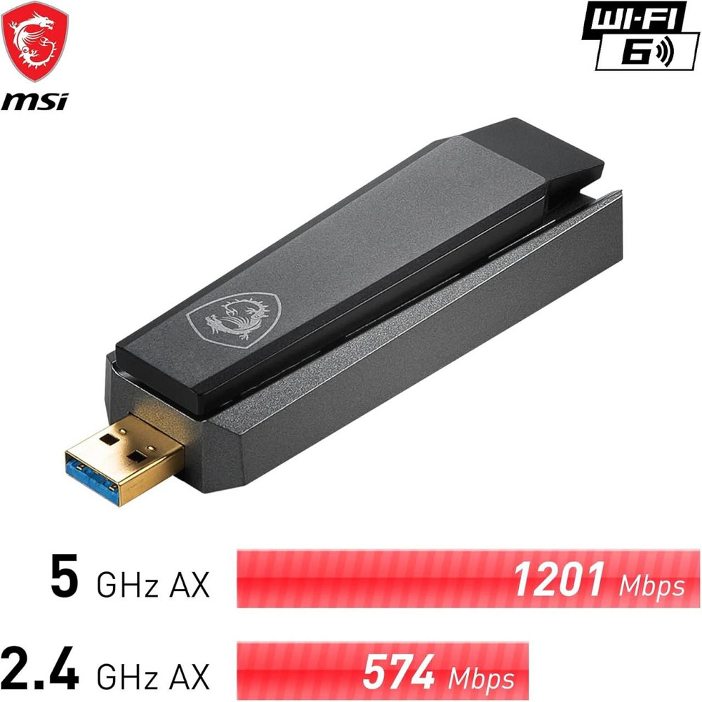 Адаптер Wi-Fi 6 MSI AX1800, мережева карта WLAN до 1800 Мбіт/с, USB 3.2 Gen 1 Type-A, MU-MIMO з антеною та підставкою,  WPA3 Київ - фото 6